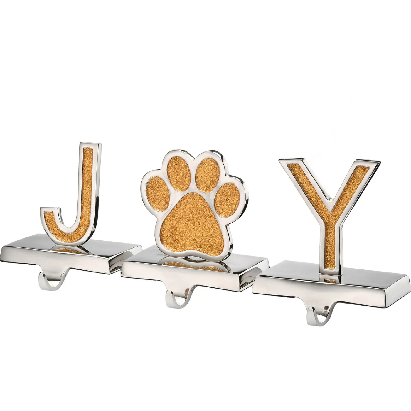 National Tree Company 5 in. 3-Pieces Gold Sparkle JOY Christmas Stocking Holders, Gold and Silver with Paw Print