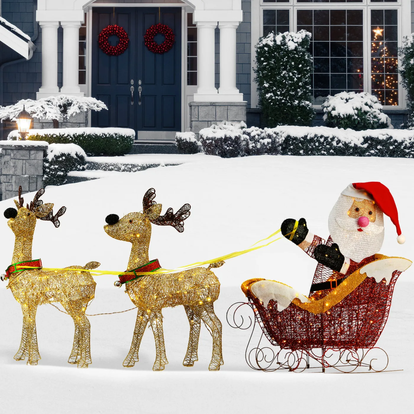 National Tree Company 33 in. Pre Lit Santa and Reindeer Decoration, with Warm White LED Lights
