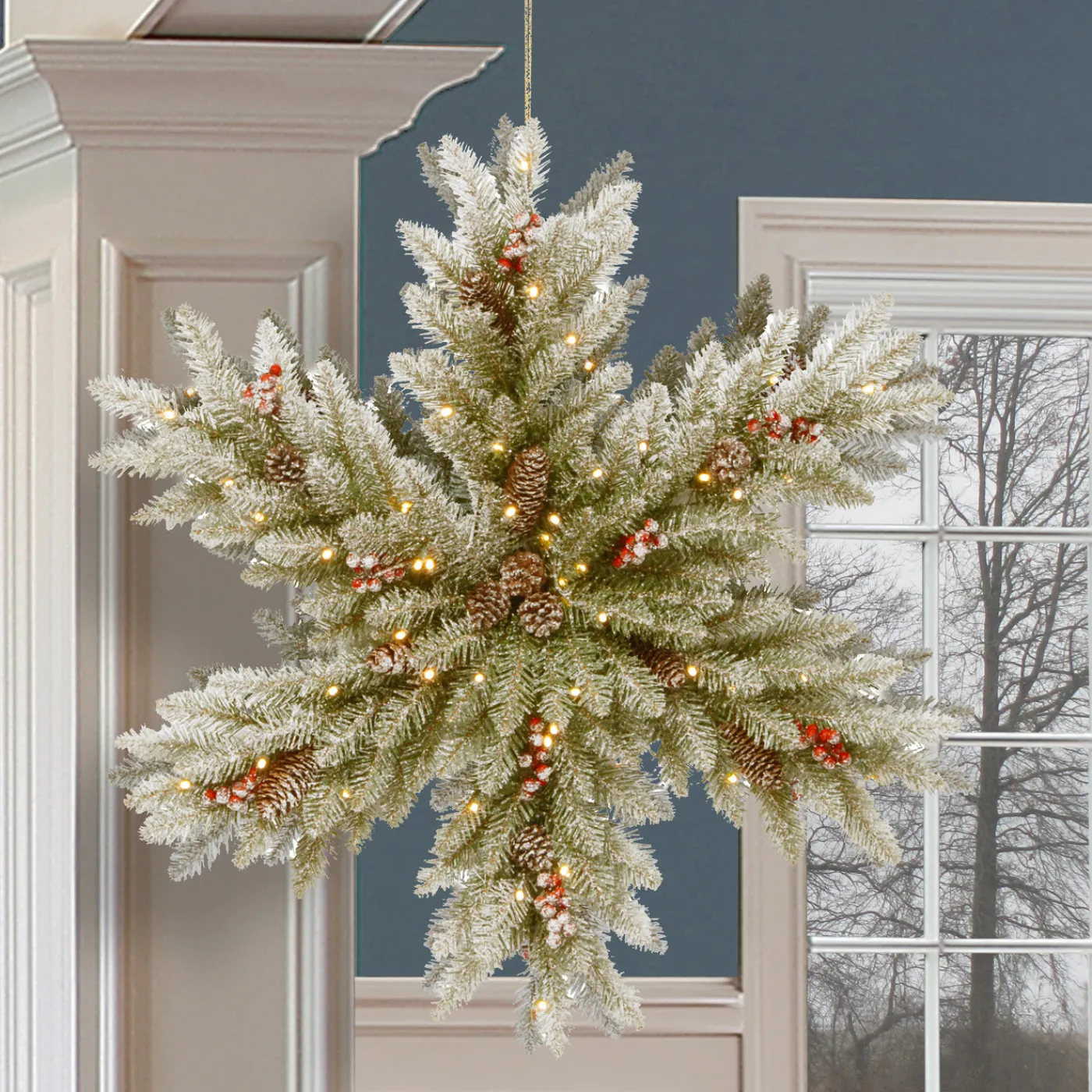 National Tree Company 32 in. Pre-Lit Dunhill Fir Double-Sided Flocked Snowflake with LED Lights