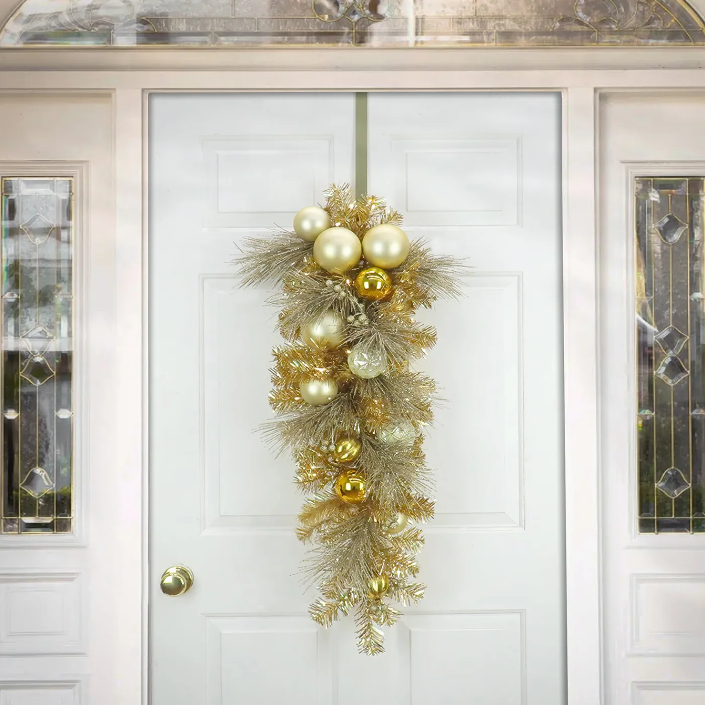 National Tree Company 36 in. Pre-Lit Be Merry Decorated Gold Teardrop with Warm White LED Lights