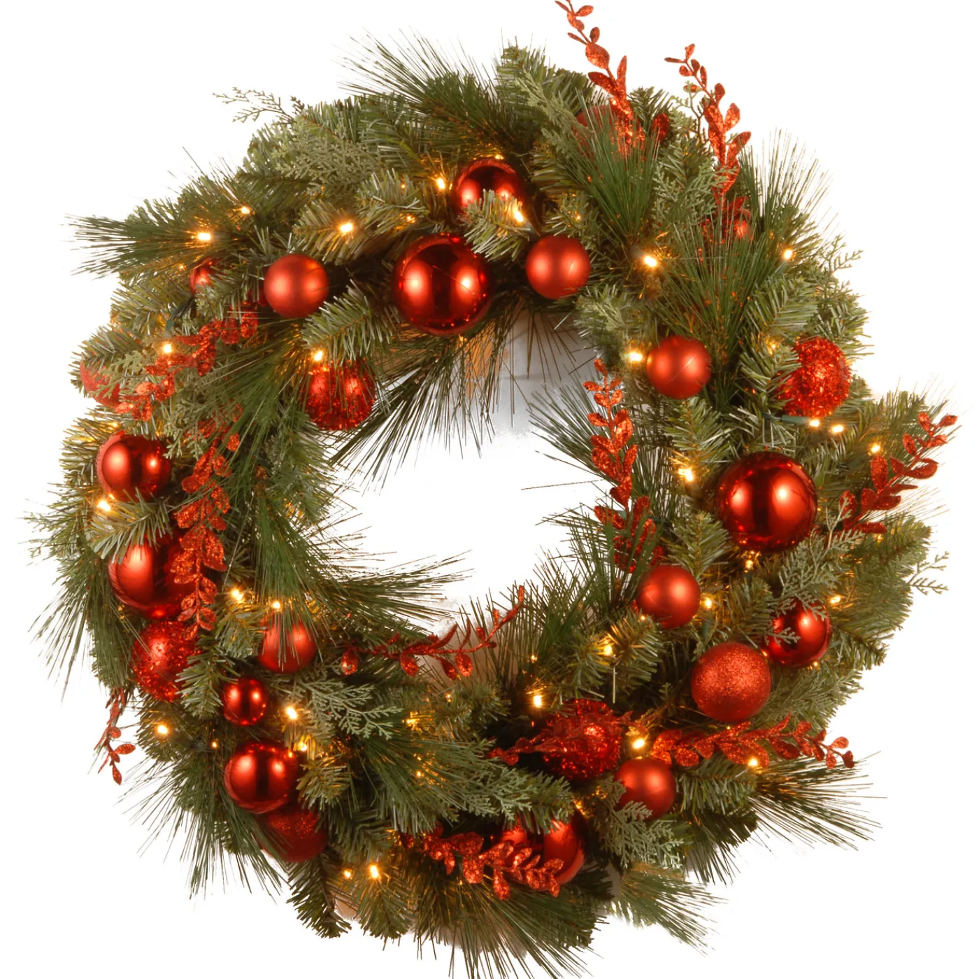 National Tree Company 24 in. Pre-Lit Decorative Collection Red Mixed Wreath with Warm White LED Lights