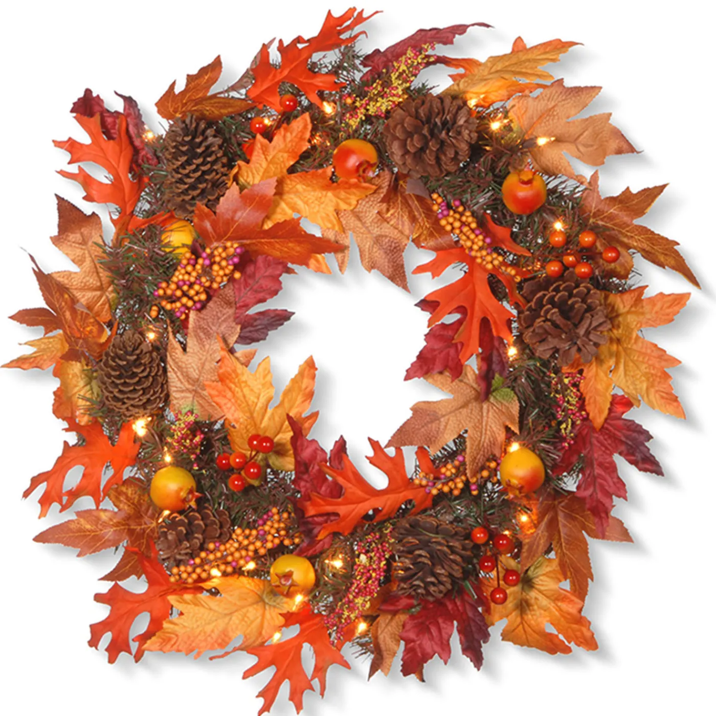 National Tree Company 24 in. Pre-Lit Fall Wreath with Gourds, Pinecones, Maple Leaves, Berry Clusters and Lights