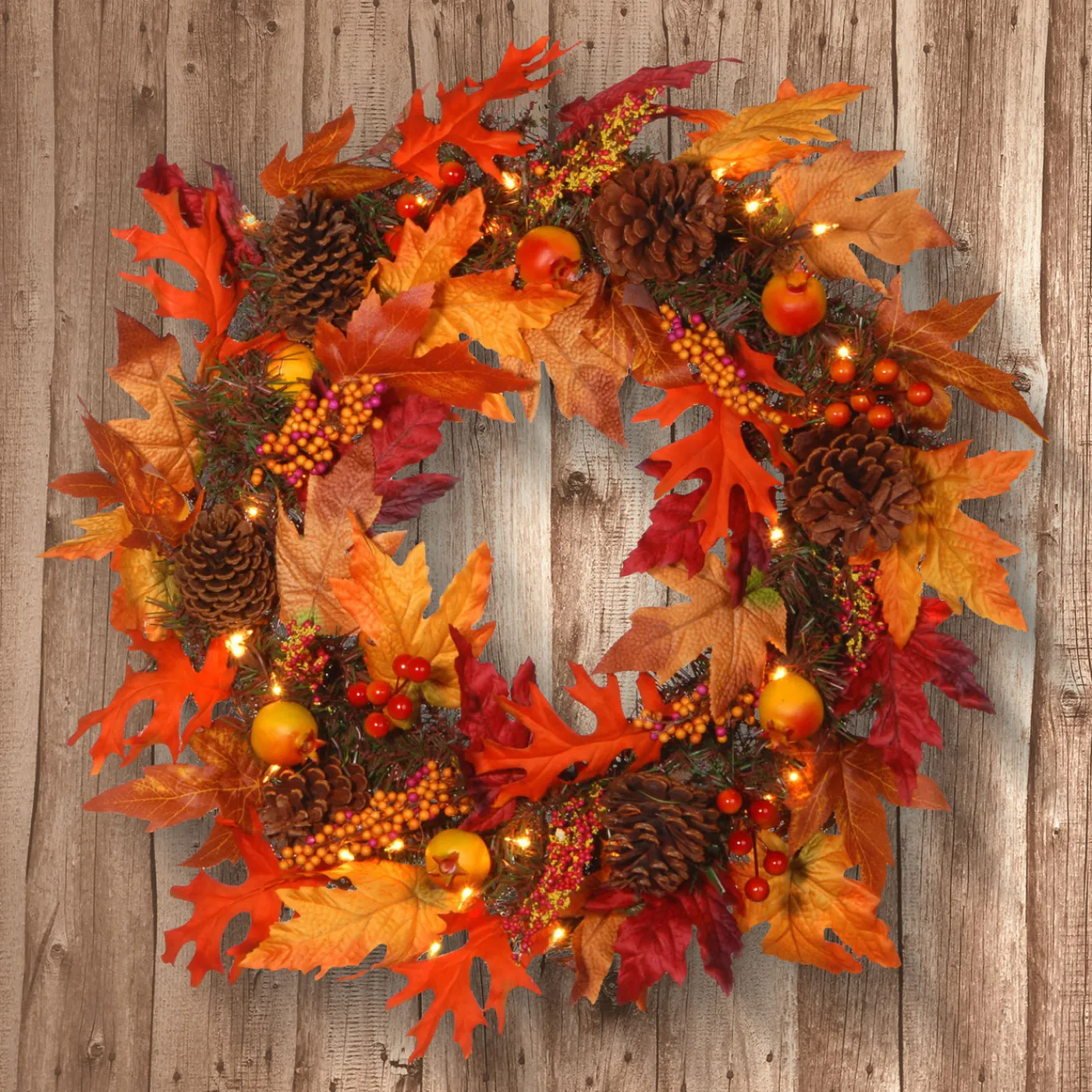 National Tree Company 24 in. Pre-Lit Fall Wreath with Gourds, Pinecones, Maple Leaves, Berry Clusters and Lights