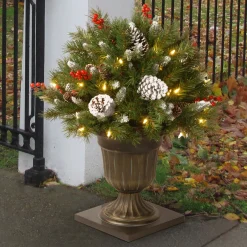 National Tree Company 24 in. Pre-Lit Frosted Berry Porch Bush with Clear Lights