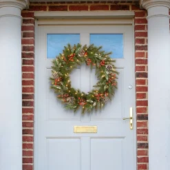 National Tree Company 24 in. Pre-Lit Frosted Pine Berry Wreath with LED Lights