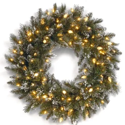 National Tree Company 24 in. Pre-Lit Glittery Bristle Pine Wreath with Warm White LED Lights