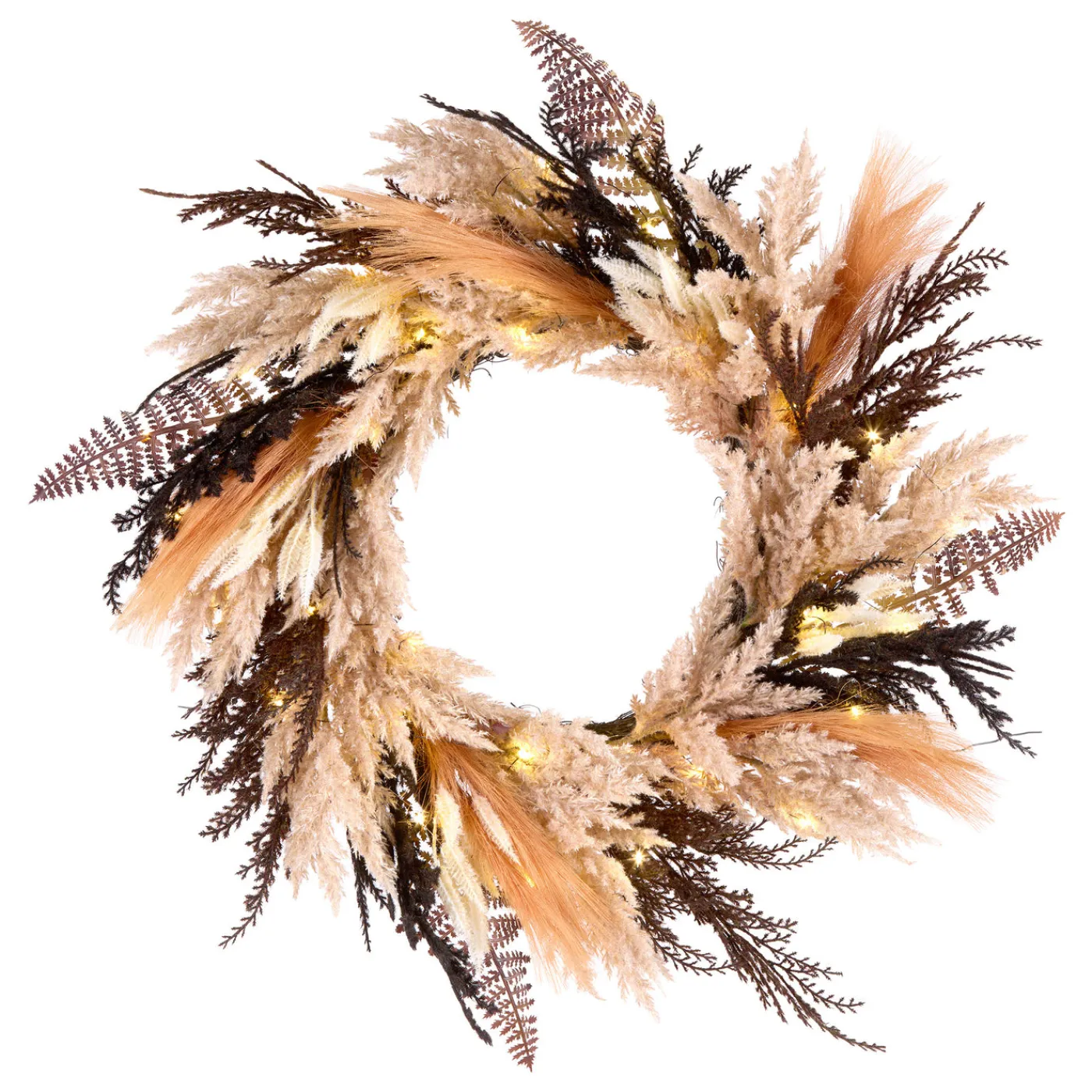 National Tree Company 26 in. Pre-Lit Halloween Orange and Black Pampas Wreath with LED Lights