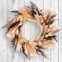 National Tree Company 26 in. Pre-Lit Halloween Orange and Black Pampas Wreath with LED Lights