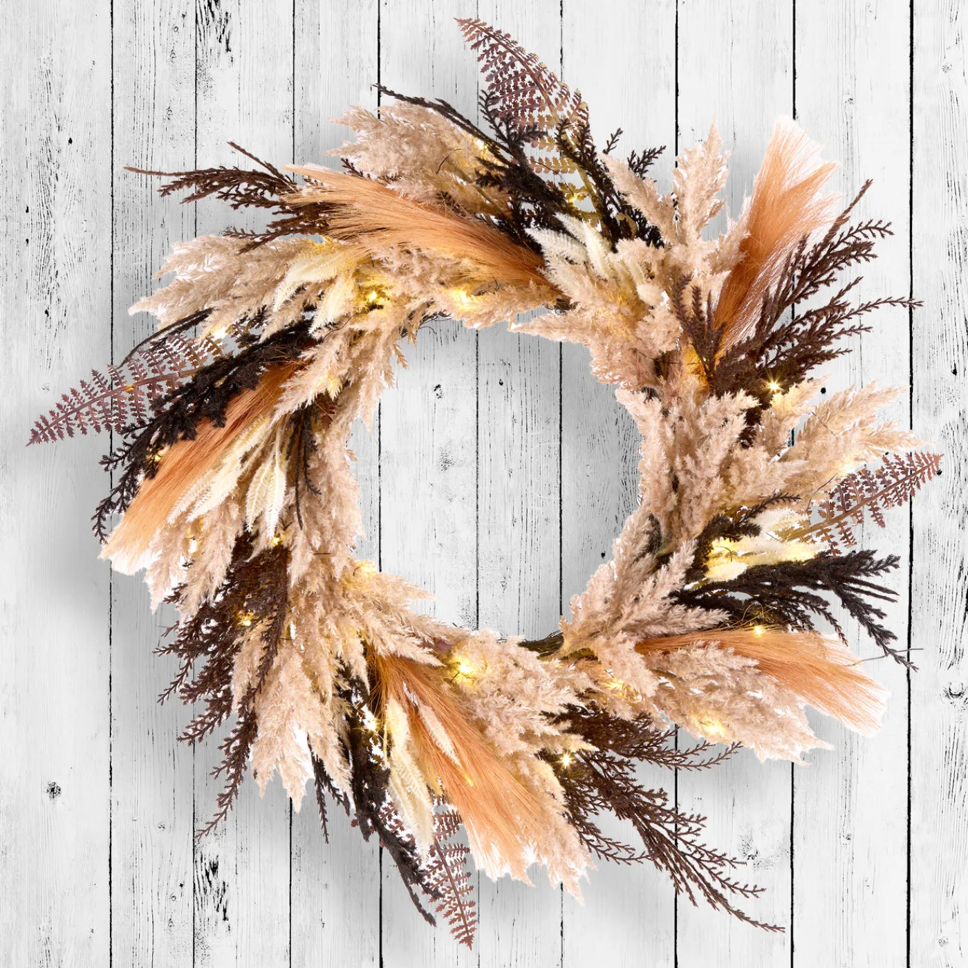 National Tree Company 26 in. Pre-Lit Halloween Orange and Black Pampas Wreath with LED Lights