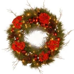 National Tree Company 24 in. Pre-Lit Hydrangea Pine Wreath with Warm White LED Lights