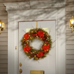 National Tree Company 24 in. Pre-Lit Hydrangea Pine Wreath with Warm White LED Lights