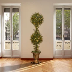 National Tree Company 60 in. Pre-Lit Mini Tea Leaf 2 Ball Topiary in a Gold Urn with Clear Lights