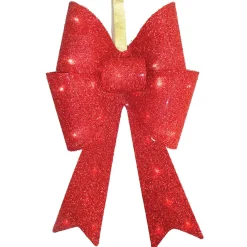 National Tree Company 20 in. Pre-Lit Red Fabric Bow with Battery Operated LED Lights