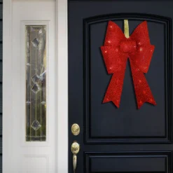 National Tree Company 20 in. Pre-Lit Red Fabric Bow with Battery Operated LED Lights
