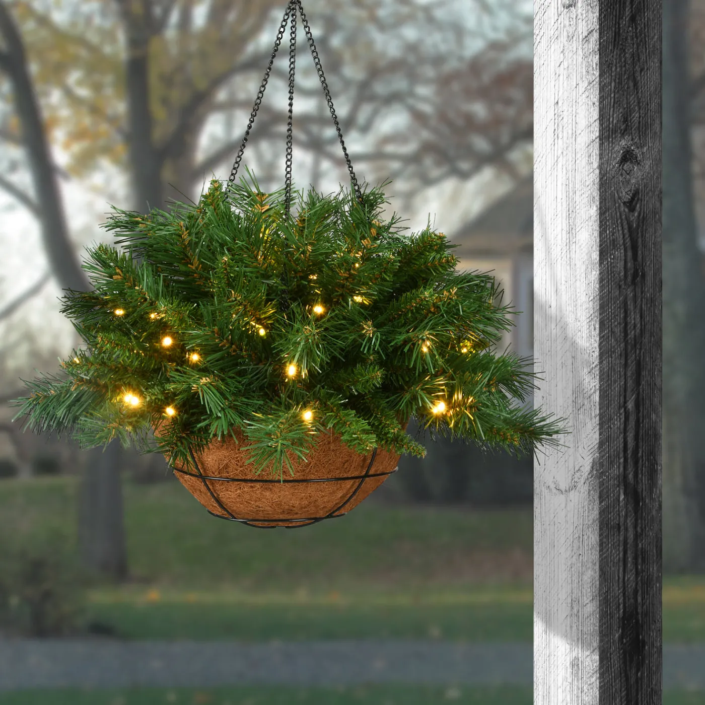 National Tree Company 20 in. Pre-Lit Tiffany Fir Hanging Basket with Warm White LED Lights