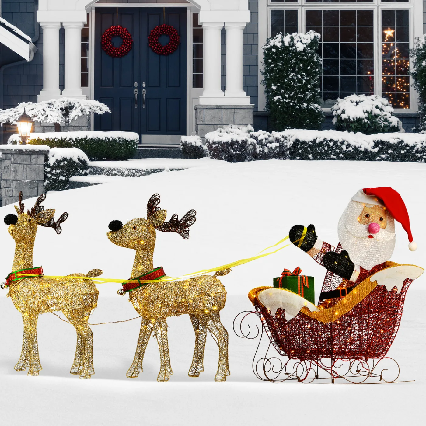 National Tree Company 34 in. Santa and Reindeer with Clear Lights