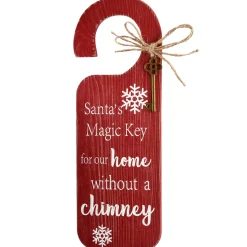 National Tree Company 12 in. Santa's Key Doorknob Christmas Sign, Red with White Lettering and Decorative Ornate Key, Snowflakes