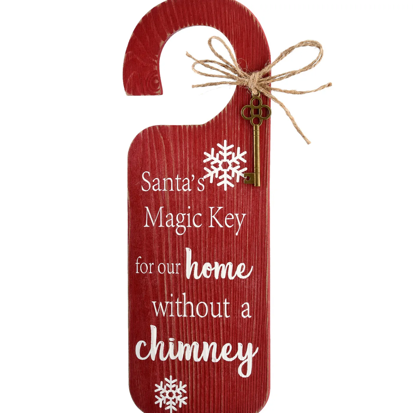 National Tree Company 12 in. Santa's Key Doorknob Christmas Sign, Red with White Lettering and Decorative Ornate Key, Snowflakes