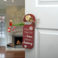 National Tree Company 12 in. Santa's Key Doorknob Christmas Sign, Red with White Lettering and Decorative Ornate Key, Snowflakes