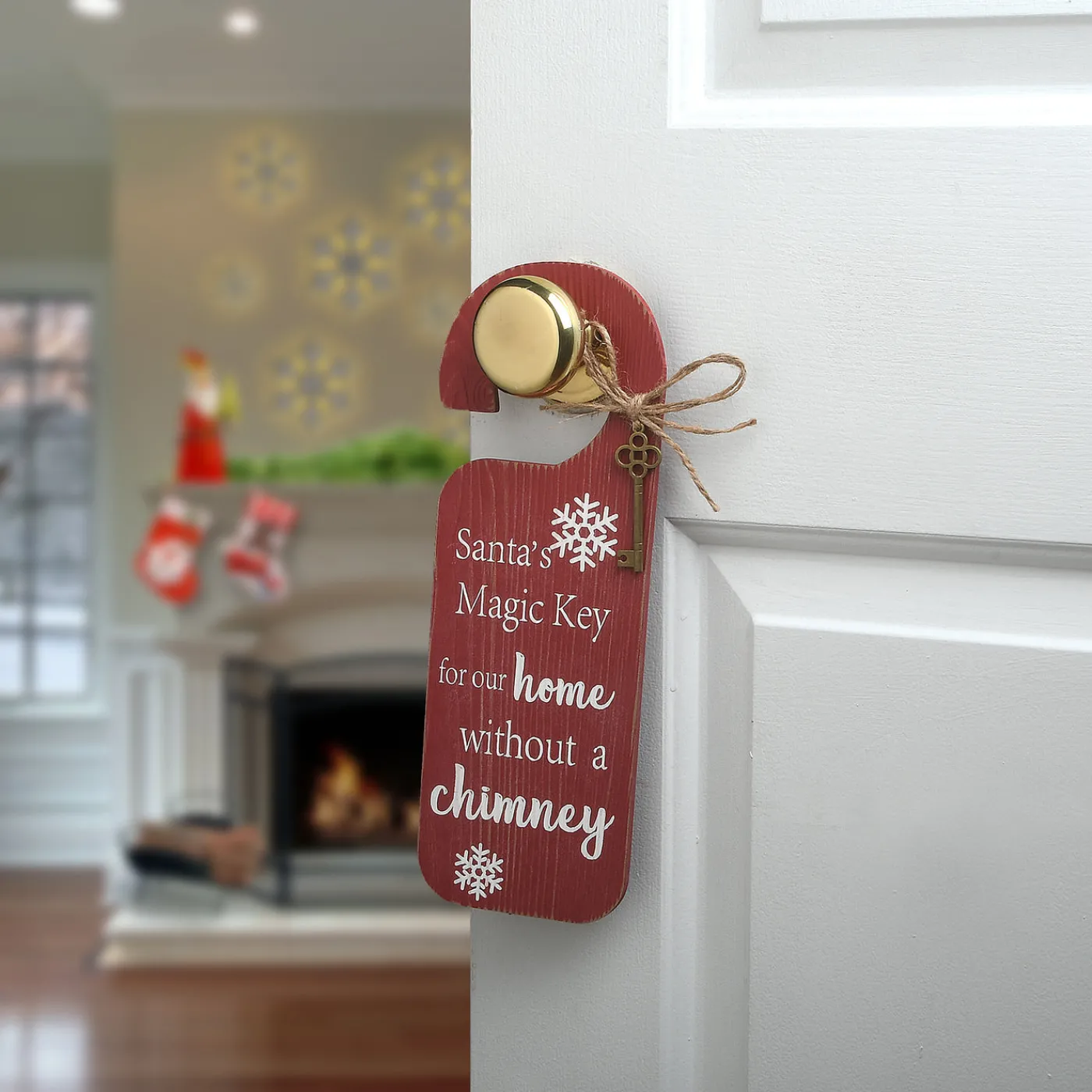 National Tree Company 12 in. Santa's Key Doorknob Christmas Sign, Red with White Lettering and Decorative Ornate Key, Snowflakes