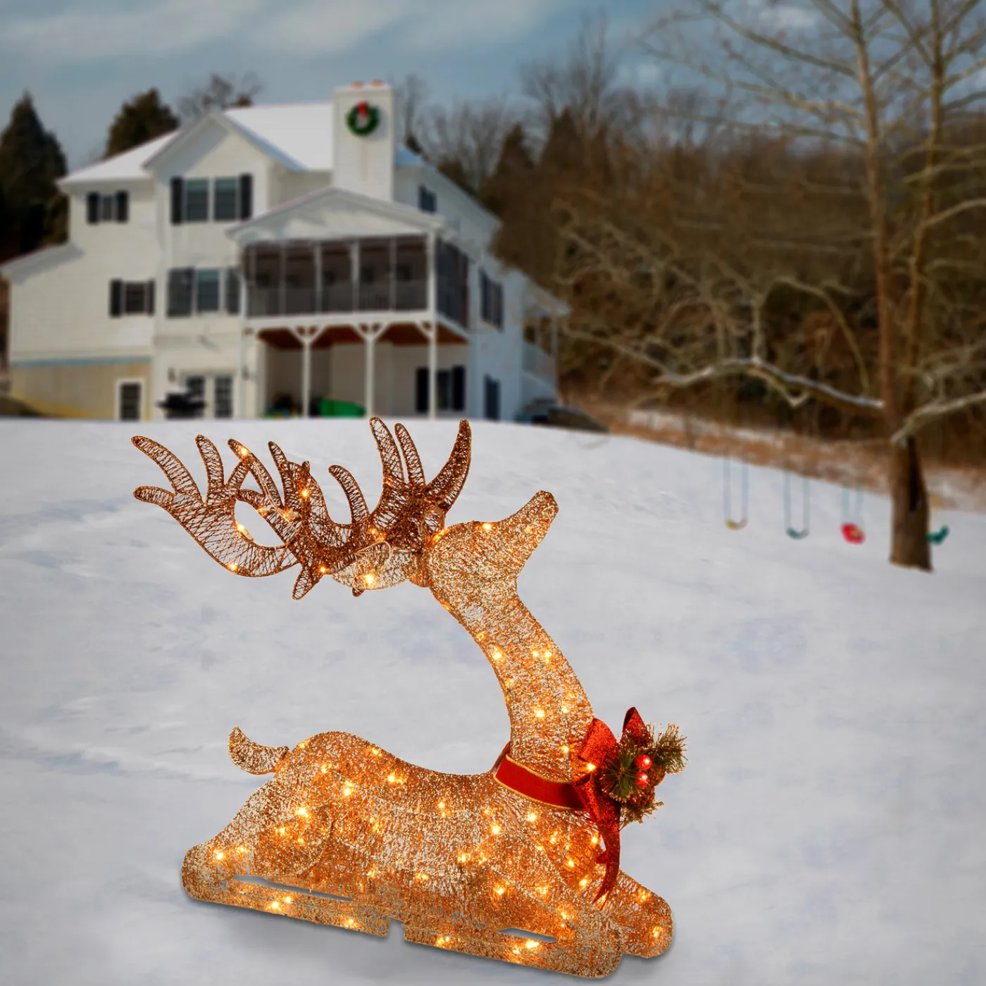 National Tree Company 31 in. Sisal Splendor Champagne Lying Deer