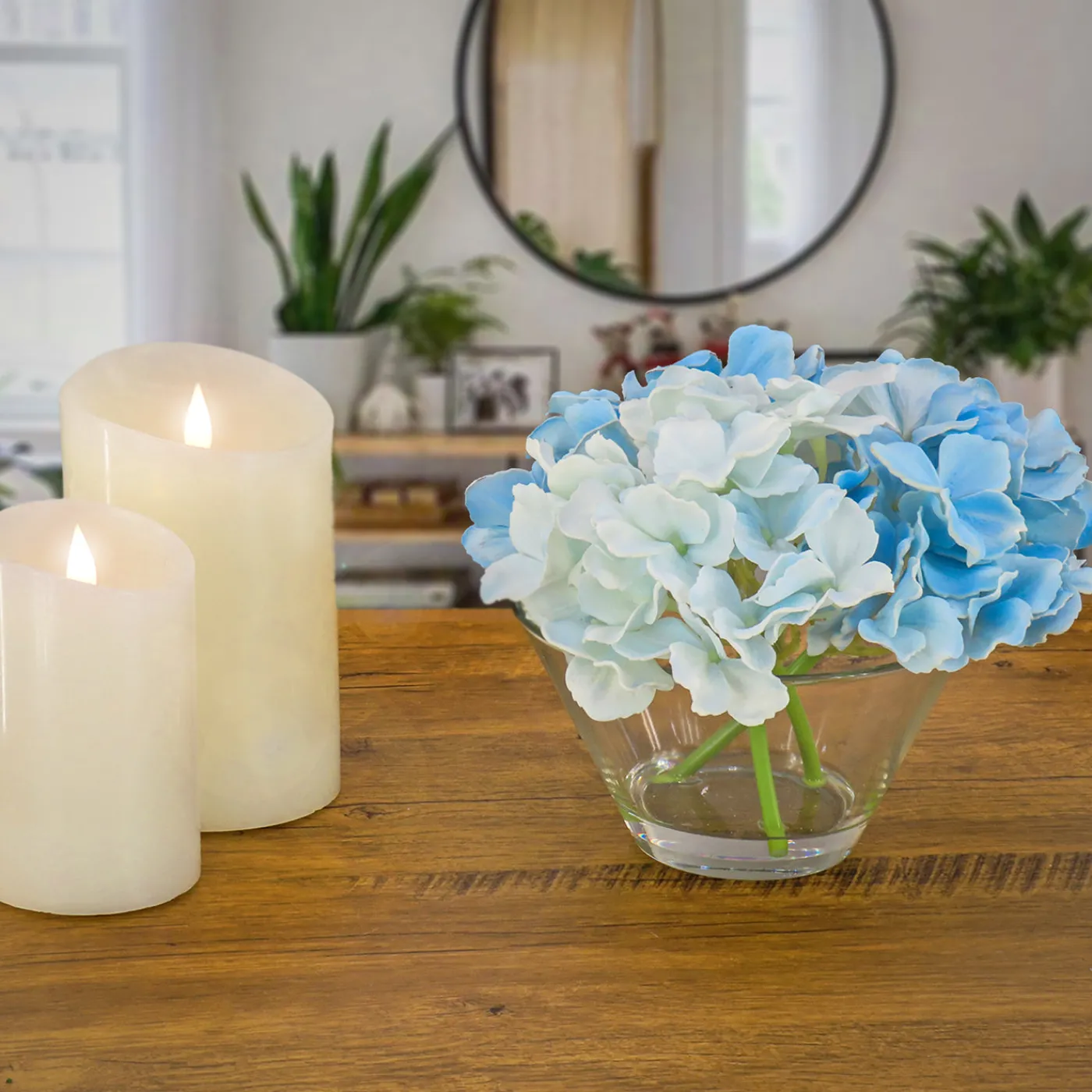 National Tree Company 8 in. Spring Blue Hydrangea Bouquet in Glass Vase