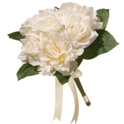 National Tree Company 12 in. Spring Floral Bouquet with Cream Rose and Peony Blooms, Ribbon, Seed Pods, Leafy Greens