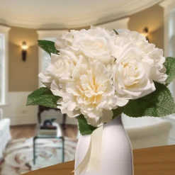 National Tree Company 12 in. Spring Floral Bouquet with Cream Rose and Peony Blooms, Ribbon, Seed Pods, Leafy Greens