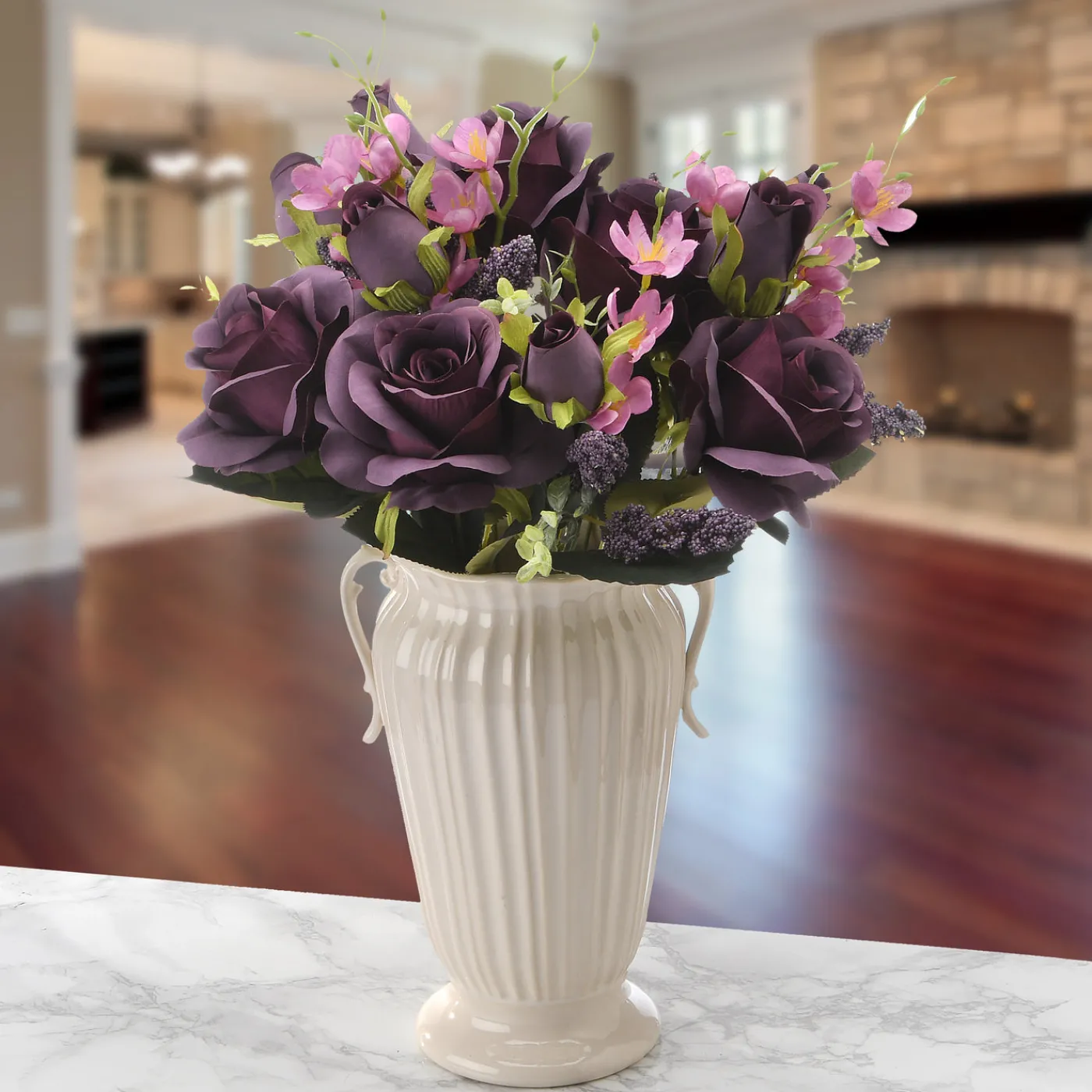National Tree Company 19 in. Spring Floral Bouquet with Deep Purple Rose Blooms, Pink Flowers, Seed Pods, Leafy Greens