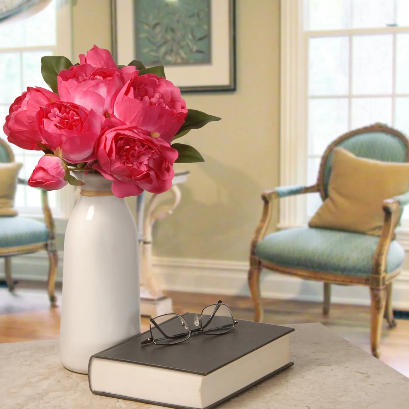 National Tree Company 14 in. Spring Floral Bouquet with Bright Pink Peony Blooms, Leafy Greens