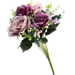 National Tree Company 19 in. Spring Floral Bouquet with Purple and Pink Rose Blooms, Berry Clusters, Seed Pods, Leafy Greens