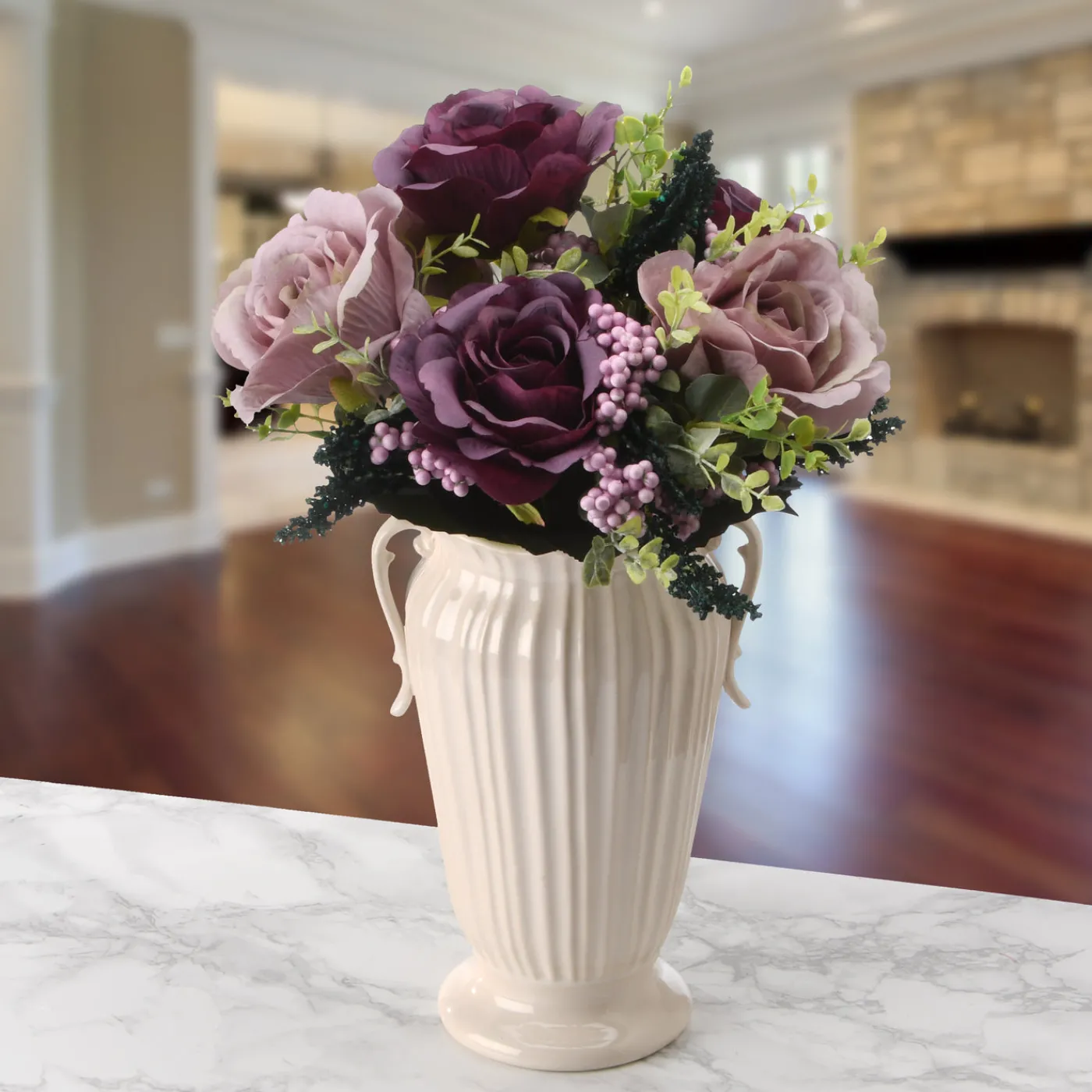 National Tree Company 19 in. Spring Floral Bouquet with Purple and Pink Rose Blooms, Berry Clusters, Seed Pods, Leafy Greens