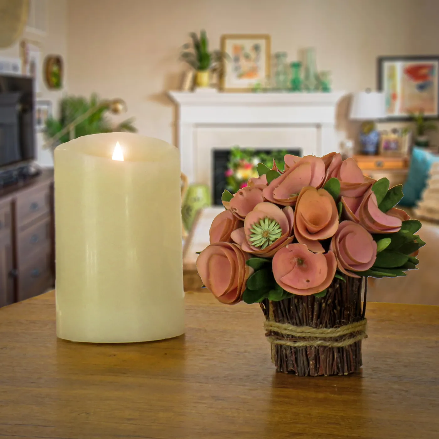 National Tree Company 7 in. Spring Floral Bundle with Pink Floral Blooms, Twig Base
