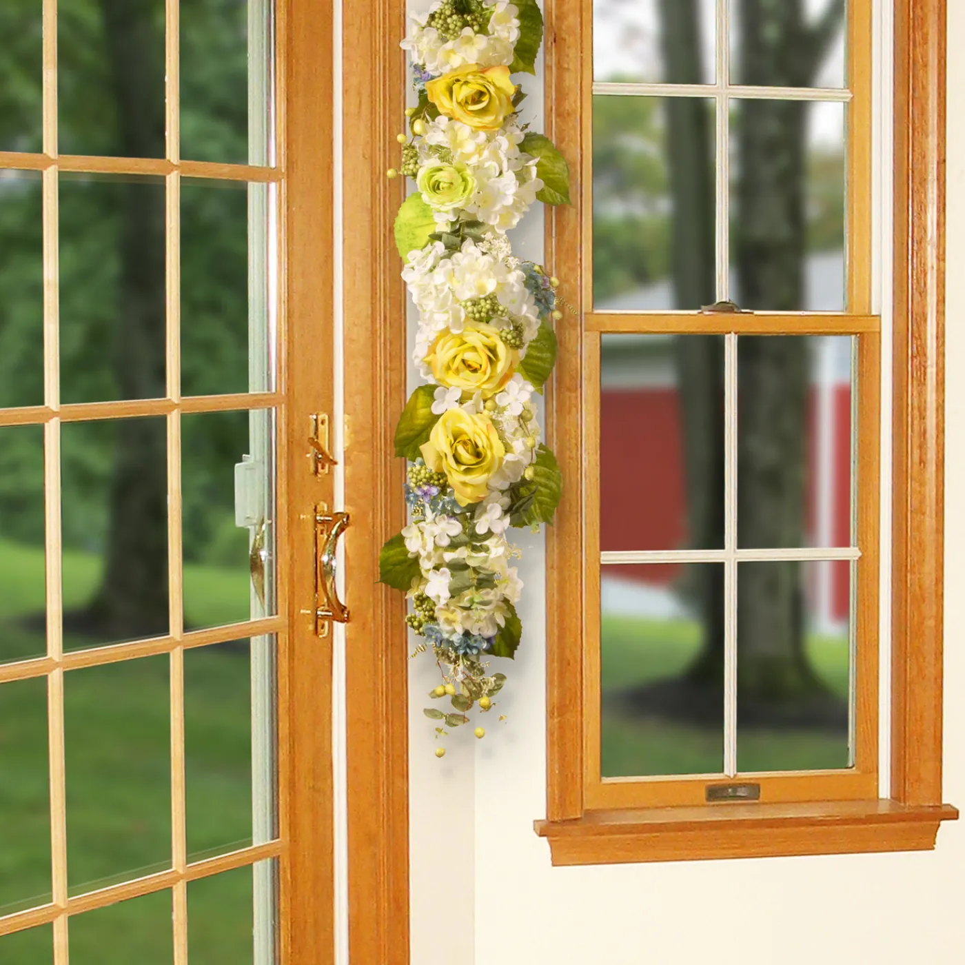 National Tree Company 48 in. Spring Floral Wall Décor with Yellow Roses, White Hydrangeas, Berry Clusters