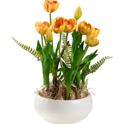 National Tree Company 18 in. Spring Flower Potted Plant with Yellow Tulips, Vibrant Green Stems, Fern Fronds in a Stylish Ceramic Pot Base