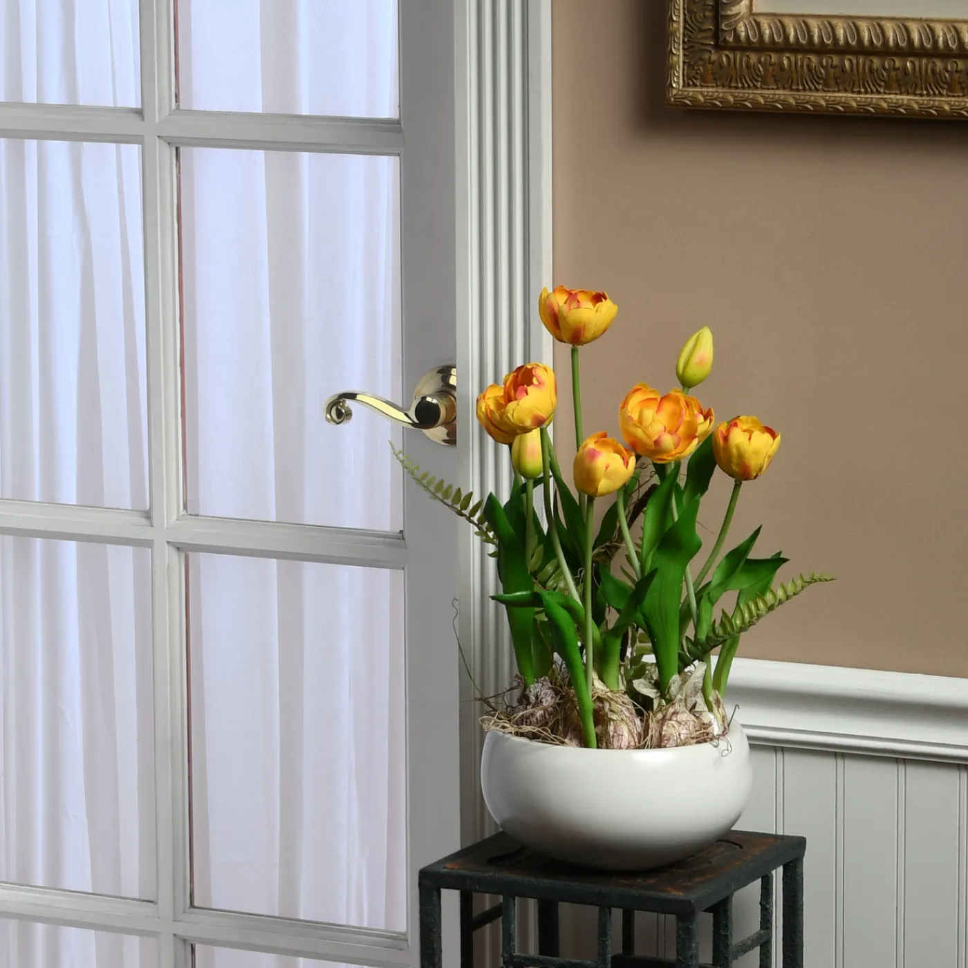 National Tree Company 18 in. Spring Flower Potted Plant with Yellow Tulips, Vibrant Green Stems, Fern Fronds in a Stylish Ceramic Pot Base