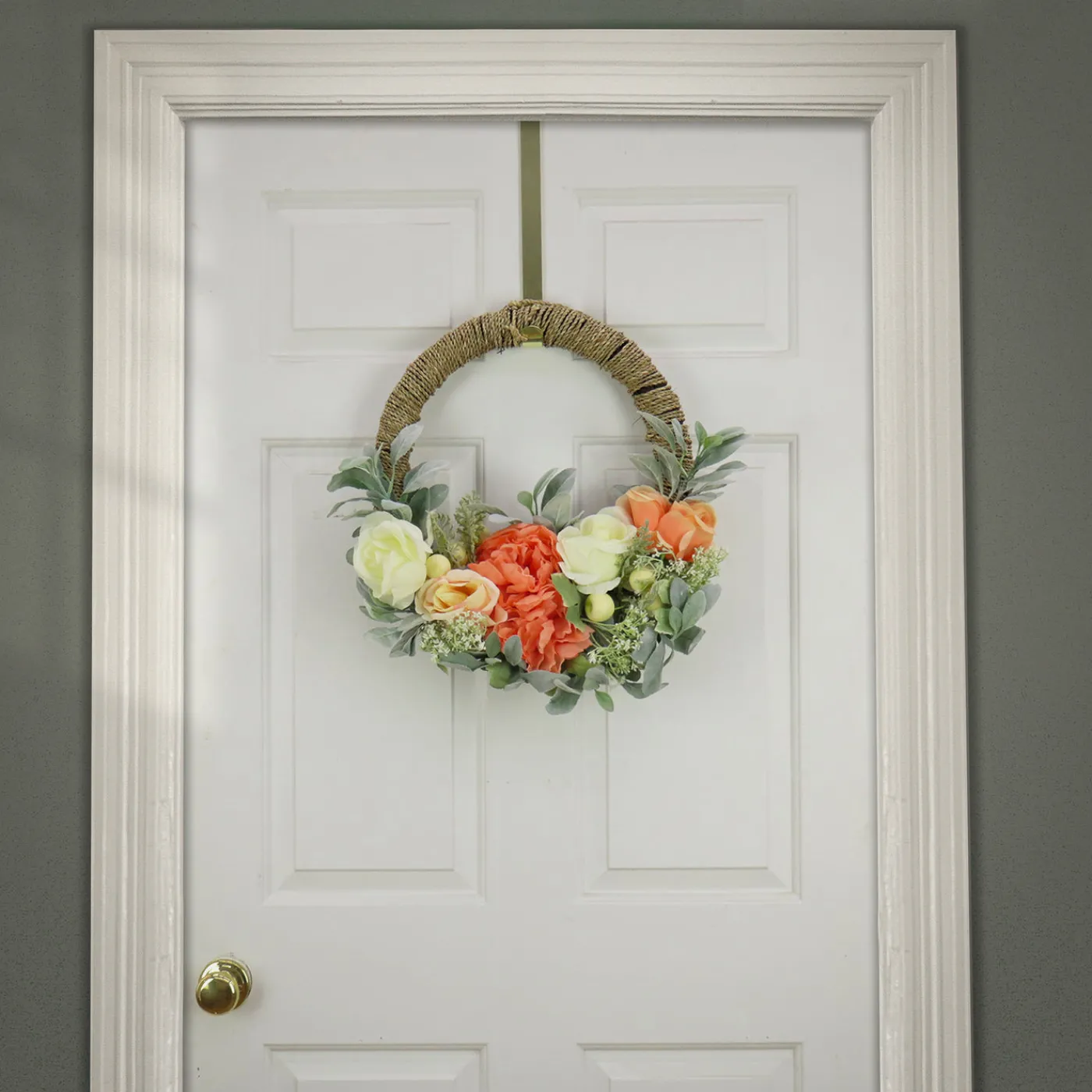 National Tree Company 20 in. Spring Hoop Wreath with Peony, Rose, and Lamb's Ear Flower Blooms