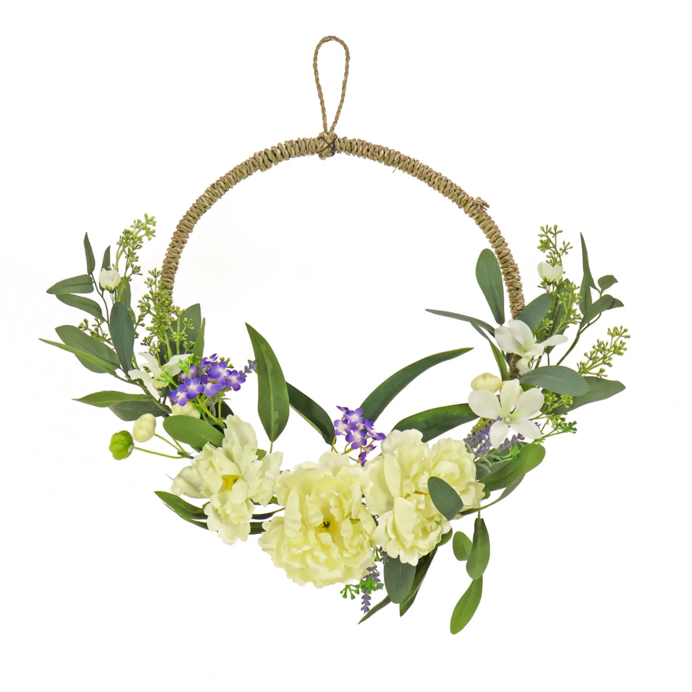 National Tree Company 18 in. Spring Hoop Wreath with Peony Flower Blooms, Mini Blossoms, and Flowing Green Stems
