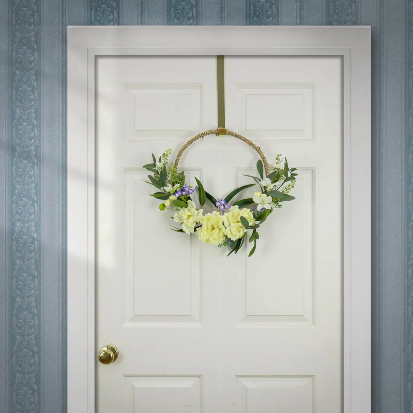 National Tree Company 18 in. Spring Hoop Wreath with Peony Flower Blooms, Mini Blossoms, and Flowing Green Stems