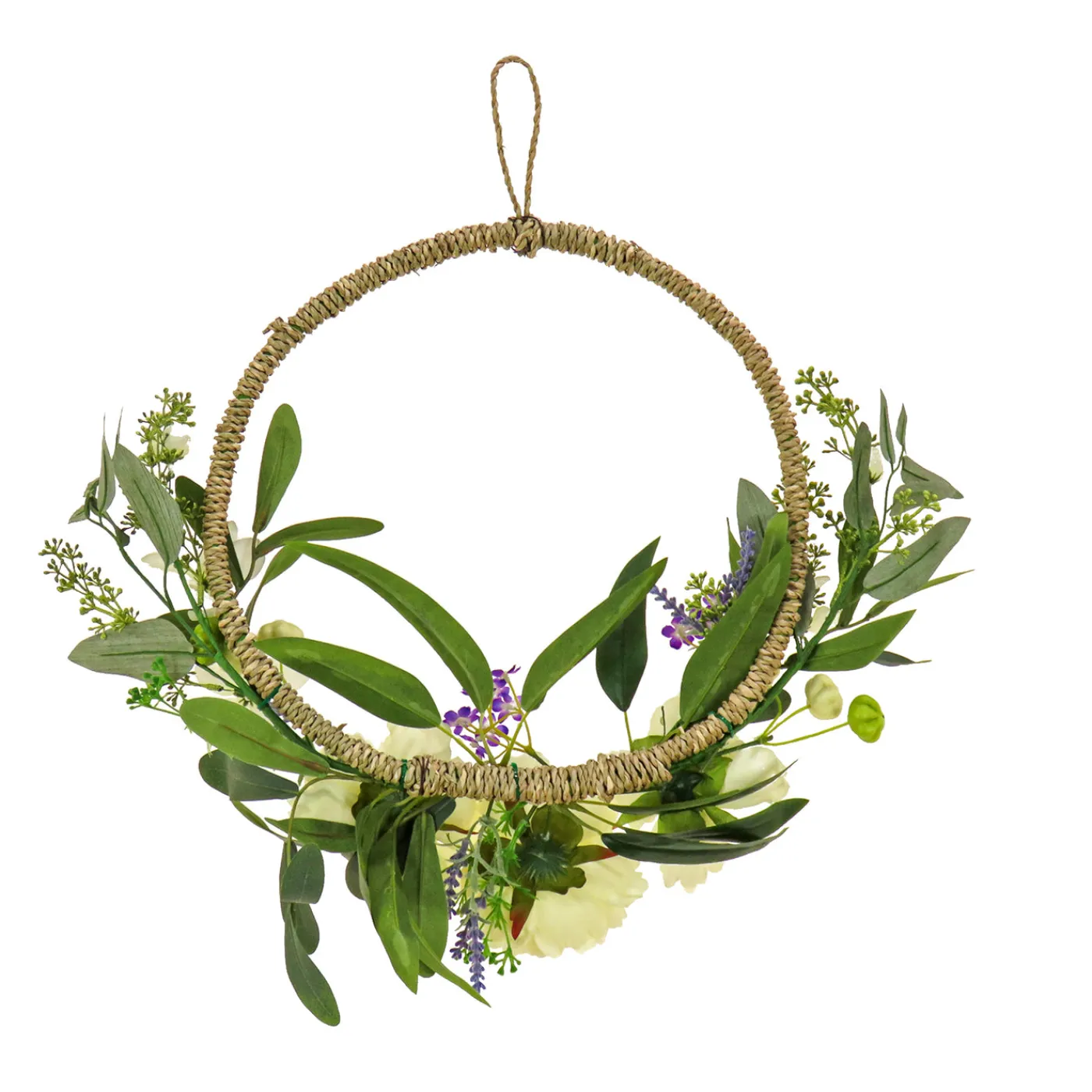 National Tree Company 18 in. Spring Hoop Wreath with Peony Flower Blooms, Mini Blossoms, and Flowing Green Stems