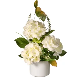 National Tree Company 9 in. Spring Hydrangea Blooms Flower Potted in a White Pot Base
