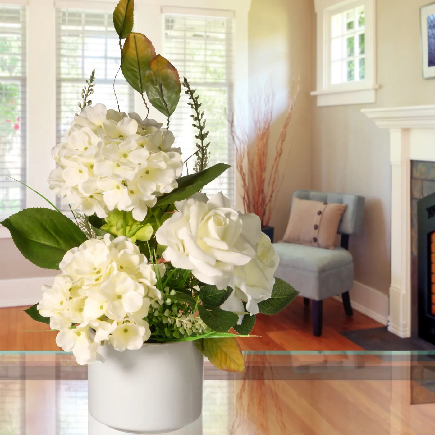 National Tree Company 9 in. Spring Hydrangea Blooms Flower Potted in a White Pot Base