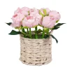 National Tree Company 10 in. Spring Light Pink Peony Flower Bouquet in White Basket