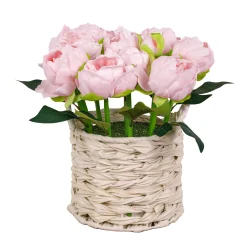 National Tree Company 10 in. Spring Light Pink Peony Flower Bouquet in White Basket