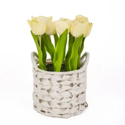 National Tree Company 10 in. Spring Light Yellow Tulip Bouquet in White Basket