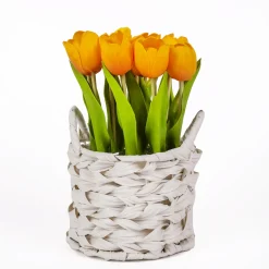 National Tree Company 10 in. Spring Orange Tulip Bouquet in White Basket