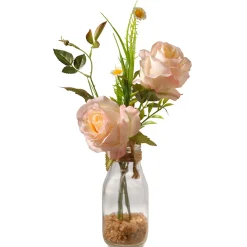National Tree Company 13 in. Spring Peach Roses Flower Bouquet in Glass Vase with Leafy Greens