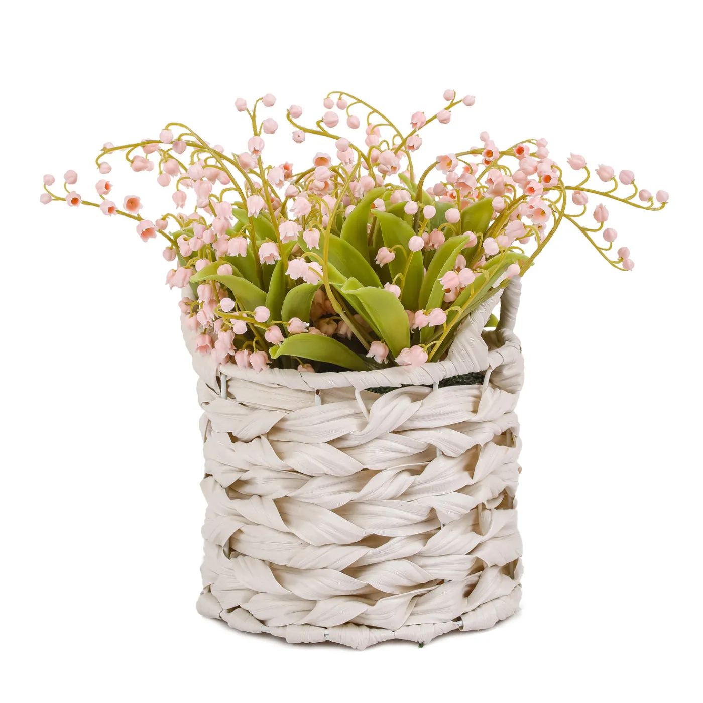 National Tree Company 11 in. Spring Pink Lily-of-the-Valley Flowers in White Basket