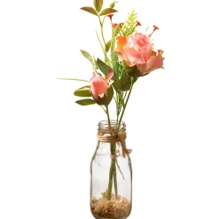 National Tree Company 12 in. Spring Pink Roses Flower Bouquet in Glass Vase with Leafy Greens