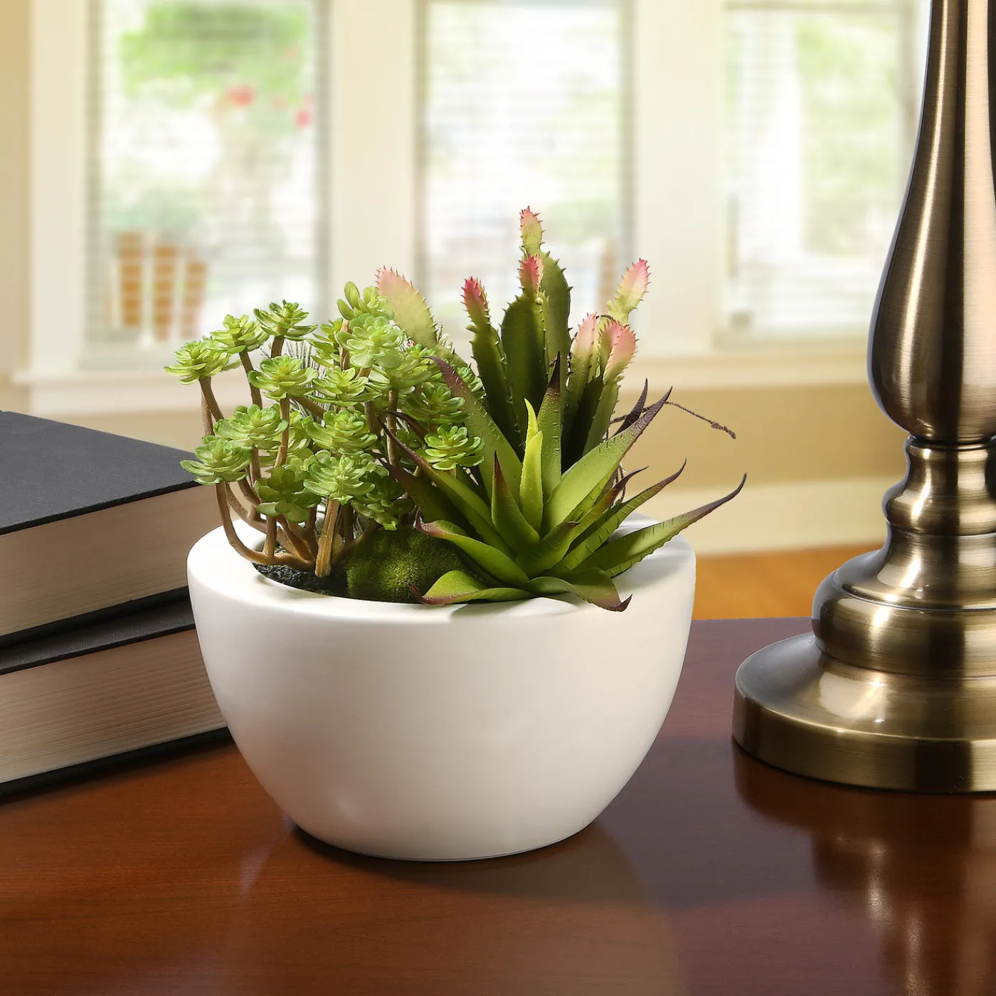 National Tree Company 8 in. Spring Potted Plant with Various Green Succulents in a Stylish White Ceramic Base